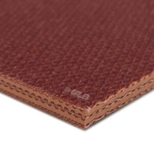 A reddish brown, textured 3-ply conveyor belt