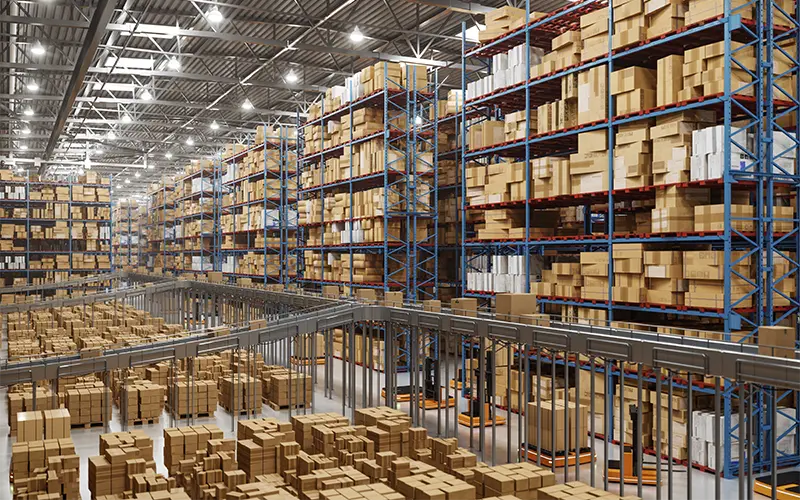 Large scale smart distribution warehouse, equipped with advanced technology for seamless operations. The scene features conveyor belts efficiently transporting cargo boxes, automated forklifts, and AGVs (Automated Guided Vehicles) working in harmony.