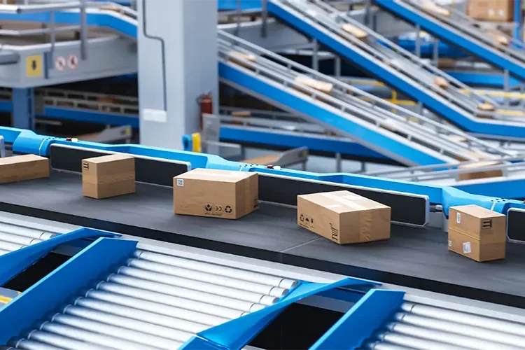 Recyclable Cardboard Box Being Transported on a Conveyor Belt in a Modern Logistics Center. Parcel is Prepared for Delivery to an Online Client. Rendered Conveyor System of a Big Retail Business