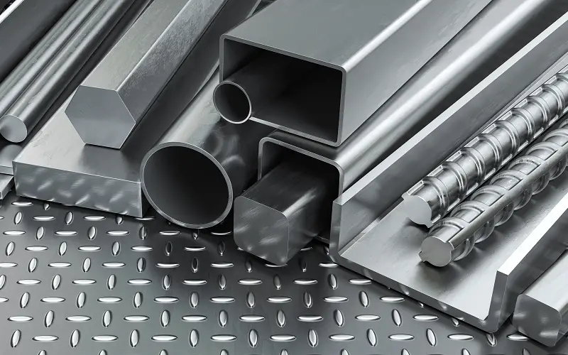 Different profiles and tubes of rolled metal aluminum products.