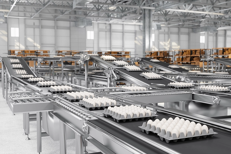 Close-up View Of Packaging Eggs On Conveyor Belt Production Line In Egg Factory