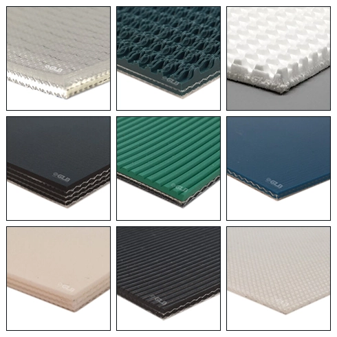 Lightweight Customizations Graphic copy A collage of different lightweight conveyor belts from Great Lakes Belting.